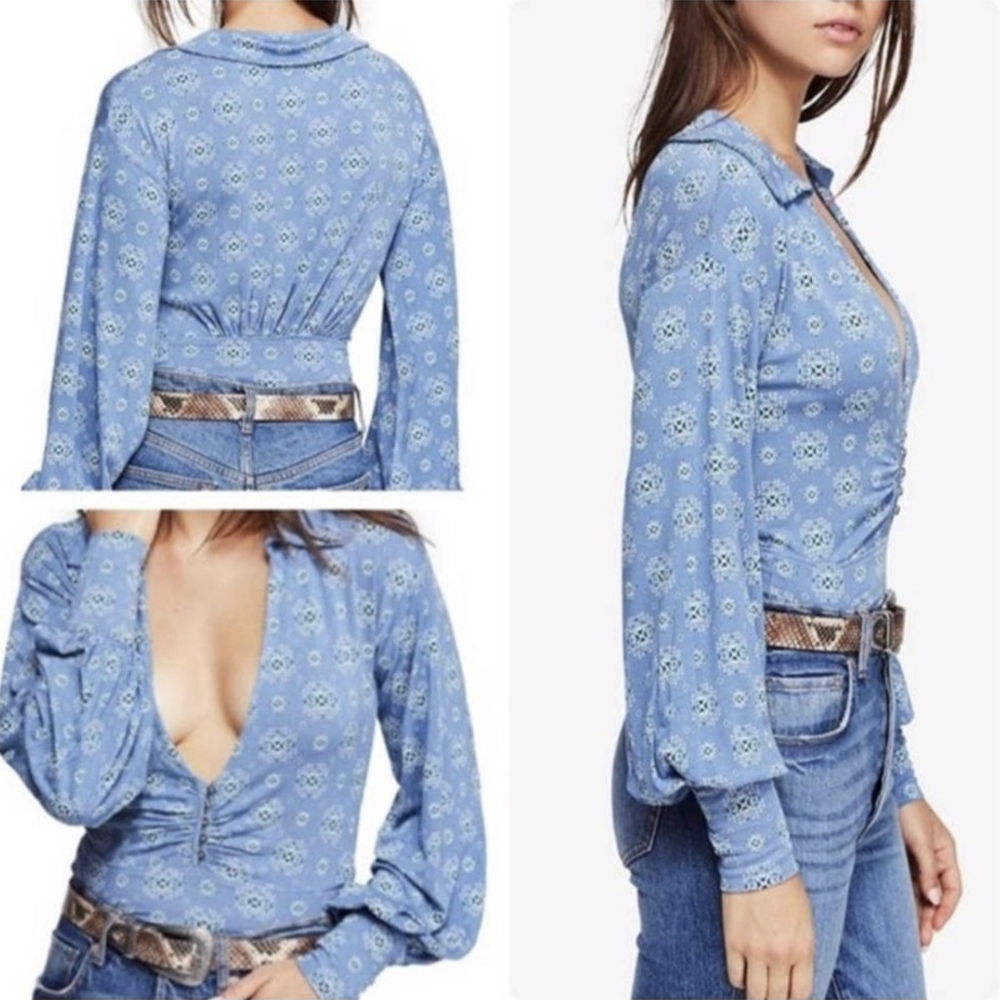 Free People Sydney Chambray Combo Bishop Sleeve Top
